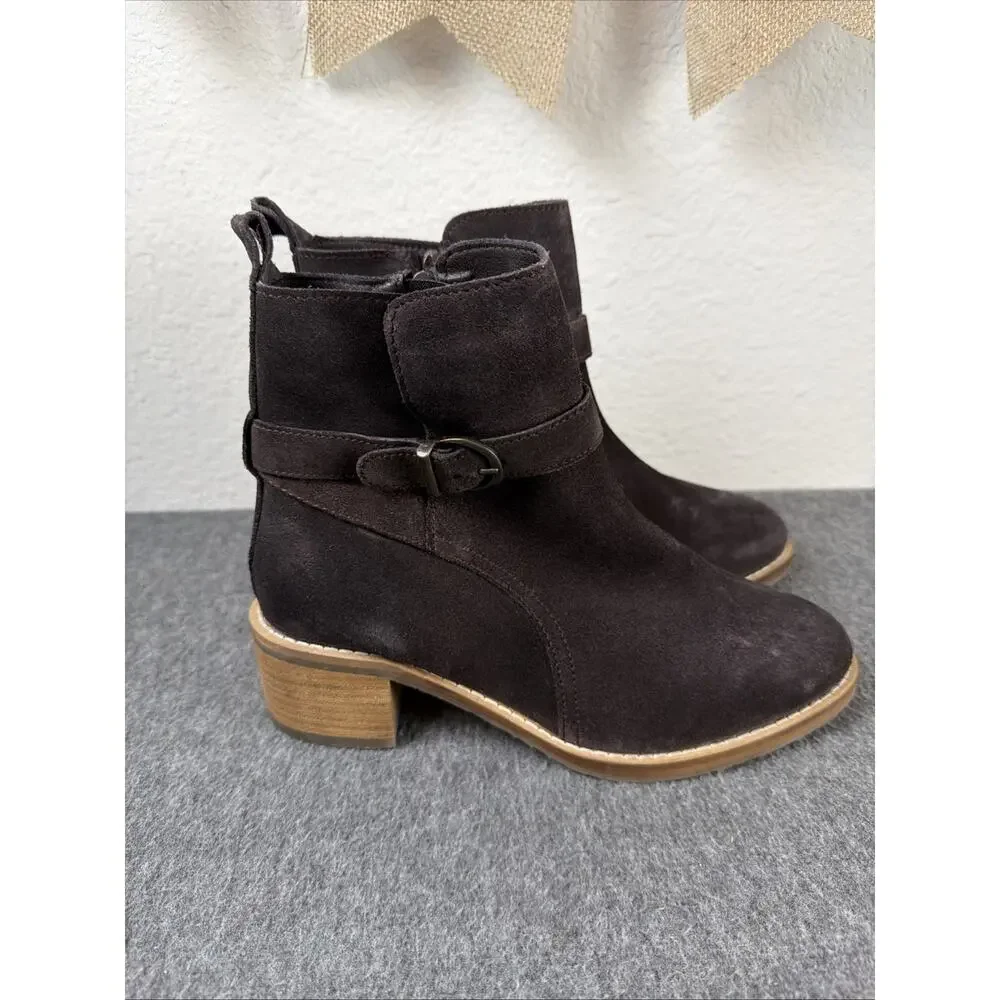 Vintage Foundry Dark Brown Suede Ankle Bootie Zip Block Heel Women’s Boots Sz 8